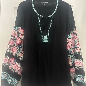 Black Boston Proper Peasant Style Blouse with Floral Embroidery Sz.M